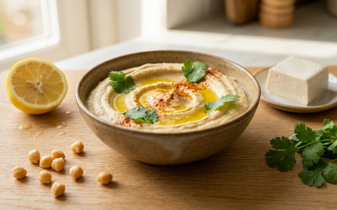 Un bol de houmous onctueux sur une planche en bois, garni d'huile d'olive, de paprika et de coriandre fraîche.